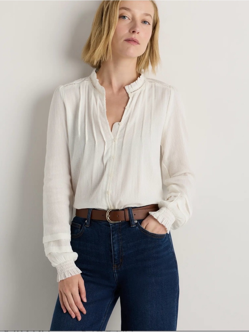 Quince Organic Textured Cotton Peasant Button Down Blouse